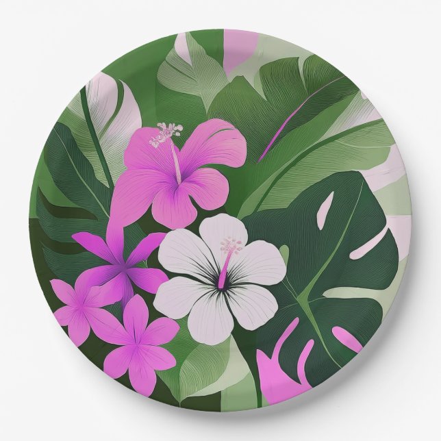 Assiettes En Carton Mid-Century Modern Hawaiian Hibiscus and Plumeria (Devant)