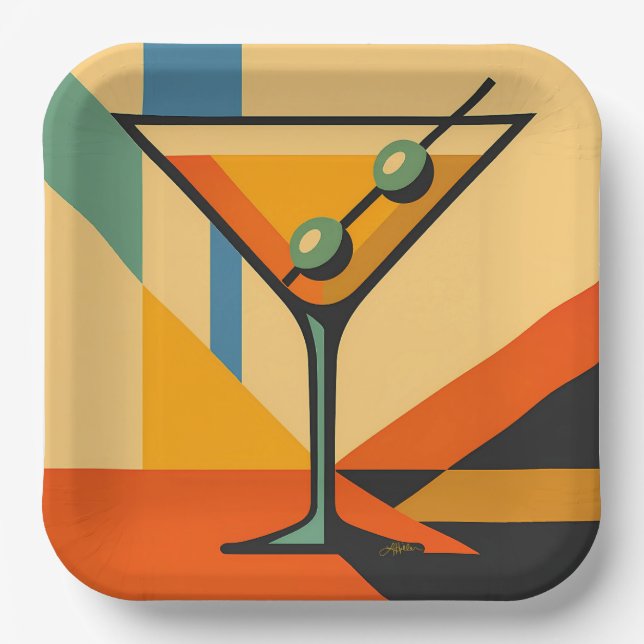 Assiettes En Carton Mid Century Modern Sunrise Bauhaus Martini (Recto)