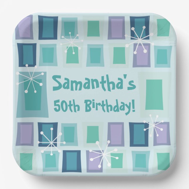 Assiettes En Carton Mid Century Moderne 50e Anniversaire Aquamarine (Recto)