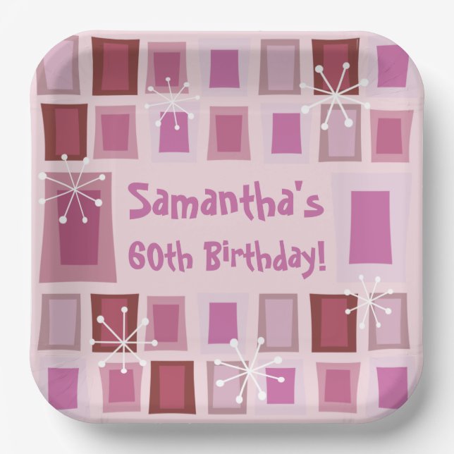 Assiettes En Carton Mid Century Moderne 60e Anniversaire rose (Recto)