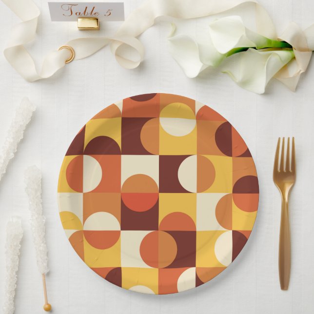 Assiettes En Carton Mid Century Moderne demi cercles jaune et orange (Mariage)