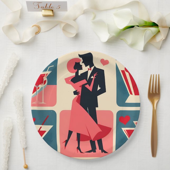 Assiettes En Carton Mid Century moderne Valentine Dancing Couple (Mariage)