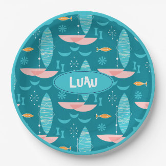 Assiettes En Carton Mid Century Pink Catamaran - Blue Background
