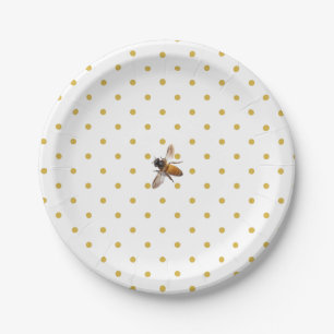 Assiettes En Carton Miel Bee   rétro or et blanc polka-dot motif