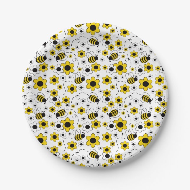 Assiettes En Carton Miel Bumble Abee Jaune Blanc Floral (Devant)
