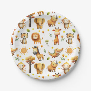 Assiettes En Carton Mignon motif safari d'animaux de ZOO à l'aquarelle