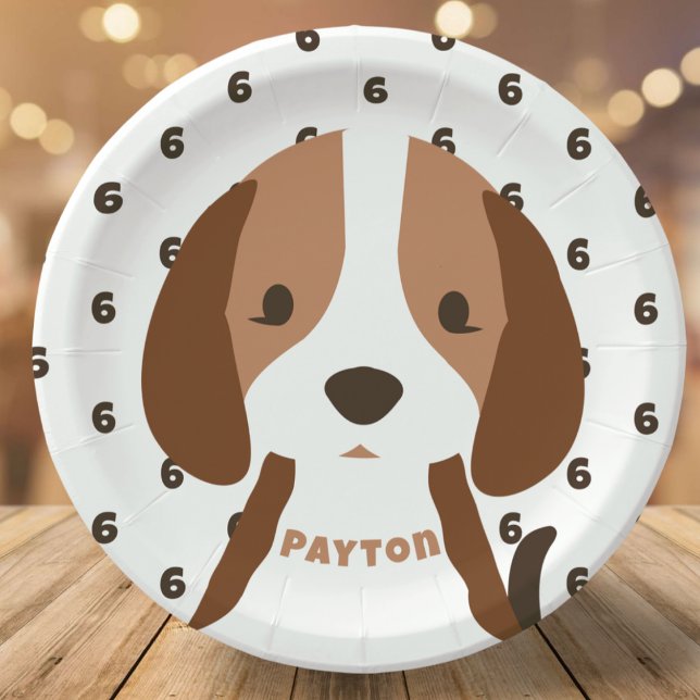 Assiettes En Carton Mignonne Chien Chien Âge et nom Fête d'anniversair (paper birthday party plates with cute puppy dog and custom name and age)