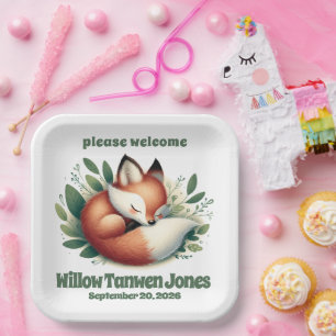 Assiettes En Carton Mignonne Fox dormir en Baby shower Feuille