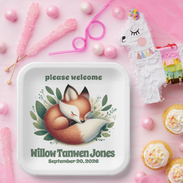 Assiettes En Carton Mignonne Fox dormir en Baby shower Feuille (Fête)