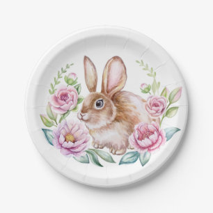 Assiettes En Carton Mignonne lapin couleur Watecolor et fleurs roses W