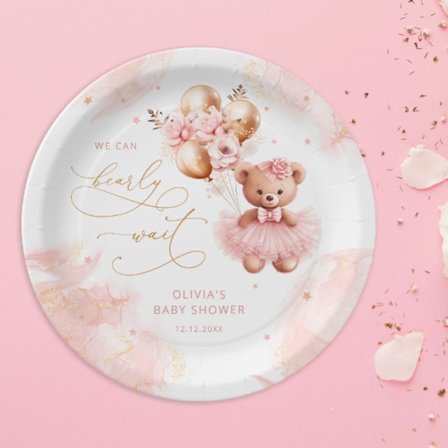 Assiettes En Carton Mignonne Ours En Teddy Or Balloon rose bébé fille  (Créateur téléchargé)