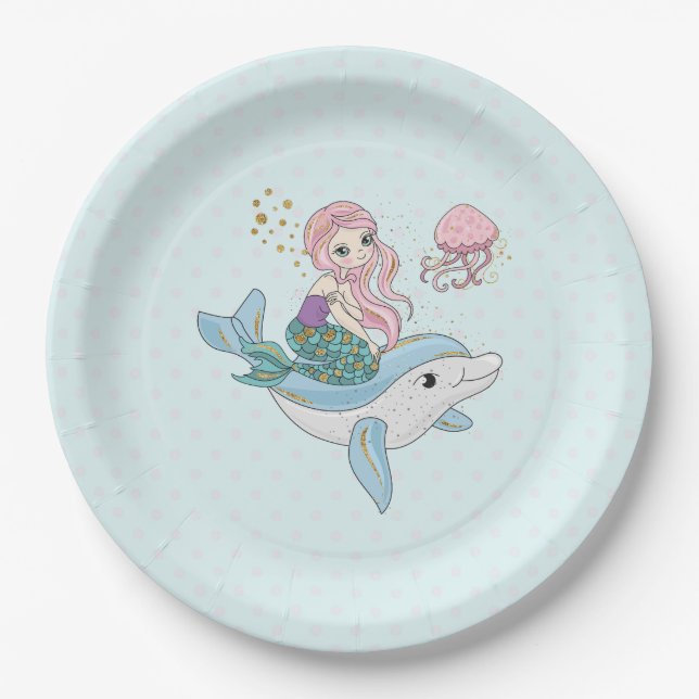 Assiettes En Carton Mignonne sirène chevauchant un dauphin sous la mer (Devant)