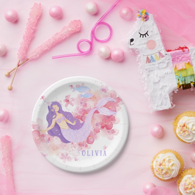 Assiettes En Carton Mignonne sirène rose sous la mer pour les petites  (Fête)