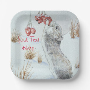 Assiettes En Carton Mignonne souris et baies rouges scène de neige