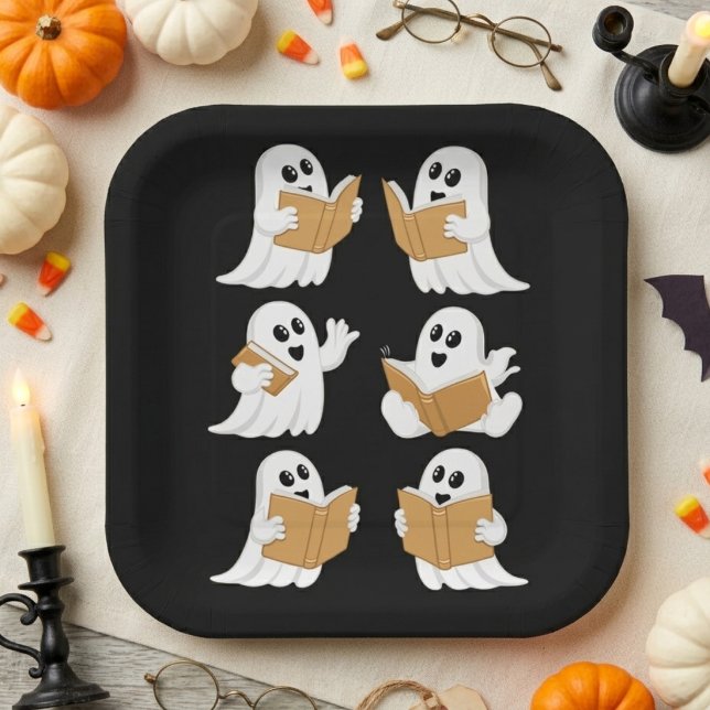 Assiettes En Carton Mignons fantômes de lecture pour Halloween Enseign (Créateur téléchargé)