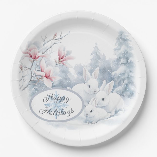 Assiettes En Carton Mignons lapins blancs en vacances d'hiver neige (Devant)