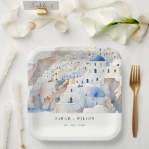 Assiettes En Carton Minimal chic Santorini Grèce Mariage aquarelle