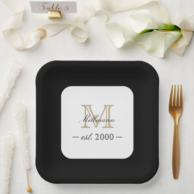 Assiettes En Carton Minimal Elegant Gold Monogram Family Year Est. (Mariage)
