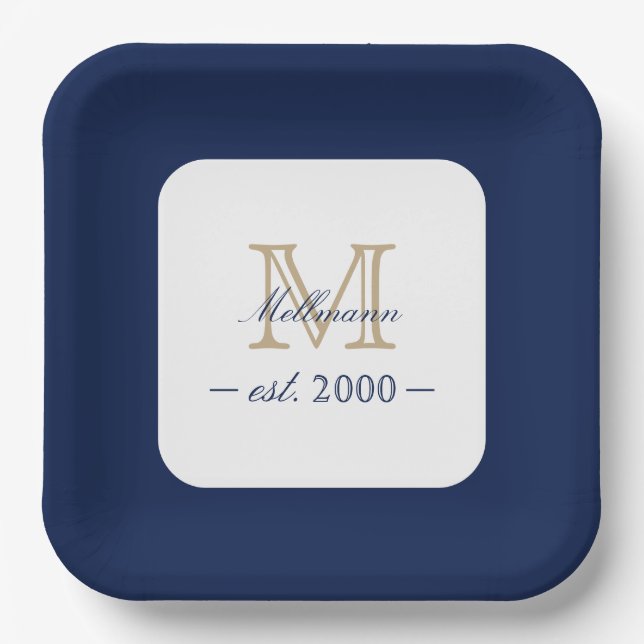 Assiettes En Carton Minimal Elegant Gold Monogram Family Year Est. (Recto)