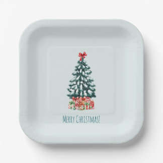 Assiettes En Carton Minimalist Merry Christmas Snowy Tree