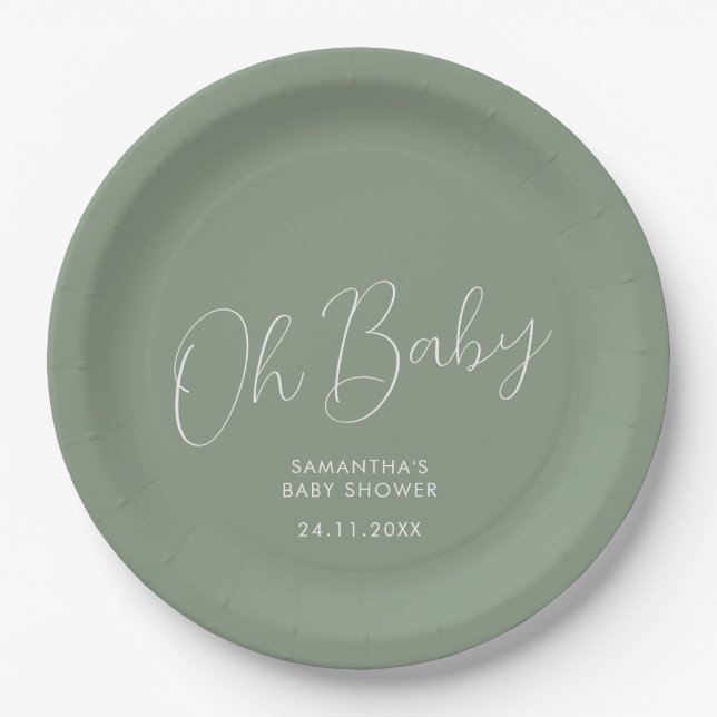 Assiettes En Carton Minimalist Script Sage Green Oh Baby Shower date (Devant)