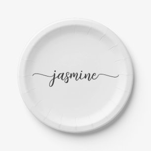 Assiettes En Carton Minimaliste Féminin Blanc Calligraphie Monogramme
