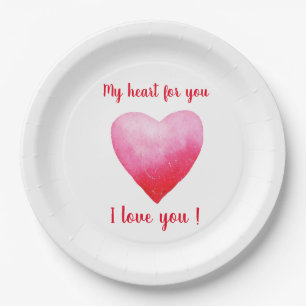 Assiettes En Carton Minimaliste Je vous aime coeur d'aquarelle rouge