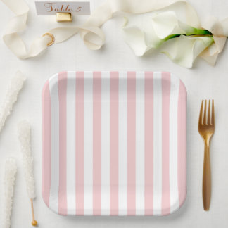 Assiettes En Carton Minimaliste Rayures Rose Pâle et Blanc