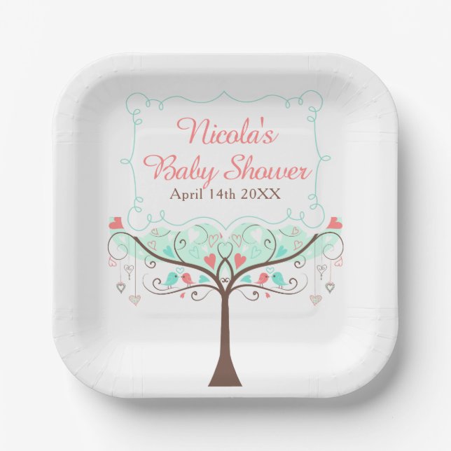 Assiettes En Carton Mint and Coral Floral Bird Baby Shower  (Recto)