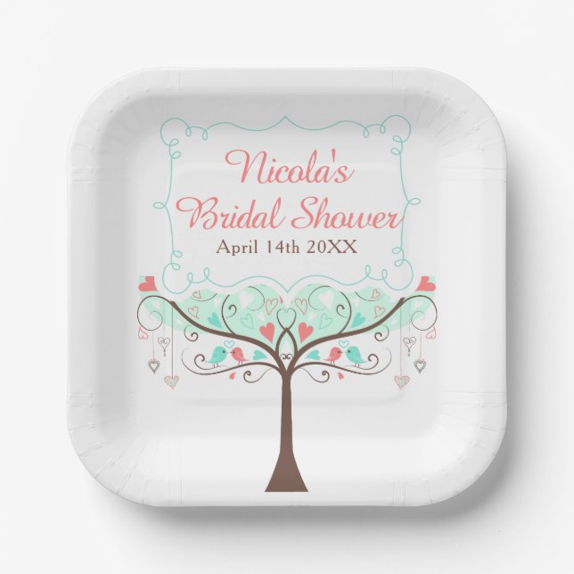 Assiettes En Carton Mint and Coral Floral Bird Bridal Shower  (Recto)