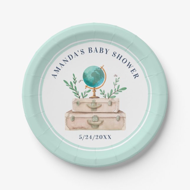Assiettes En Carton Mint Green World Travel Sutcase Baby shower Pape (Devant)