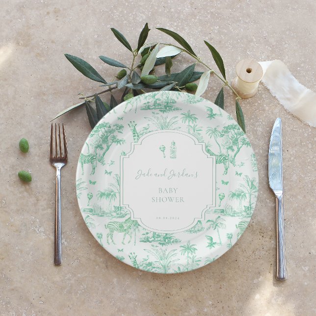 Assiettes En Carton Mint Safari Toile de Jouy | Baby shower (Créateur téléchargé)