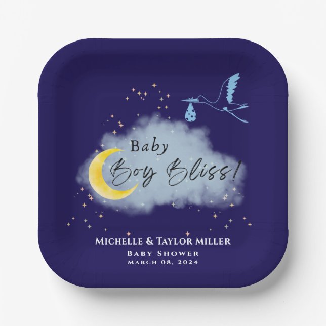 Assiettes En Carton Minuit Blue Starlit Baby Boy Bliss Stork (Recto)