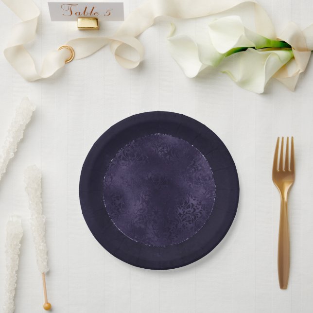 Assiettes En Carton Minuit Indigo Romance | Satiny Grunge Damask (Mariage)