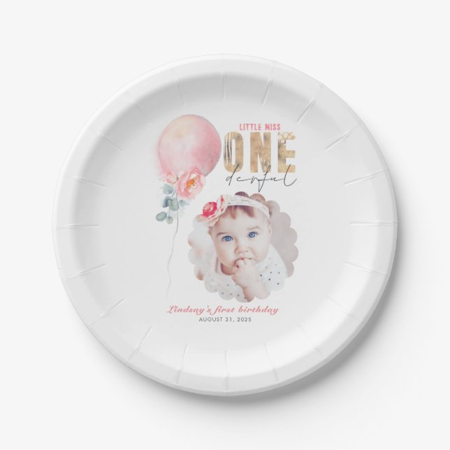 Assiettes En Carton Miss Onederful Pink Balloon 1er Anniversaire Photo (Devant)