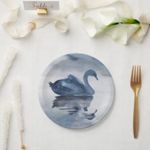Assiettes En Carton Misty Reflections   Dusty Blue Swan Lake Mariage