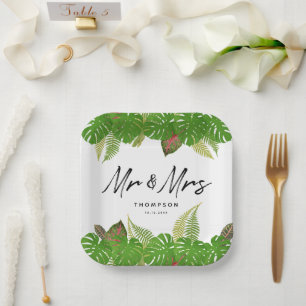 Assiettes En Carton Mme Modern Tropical Feuille Script Mariage