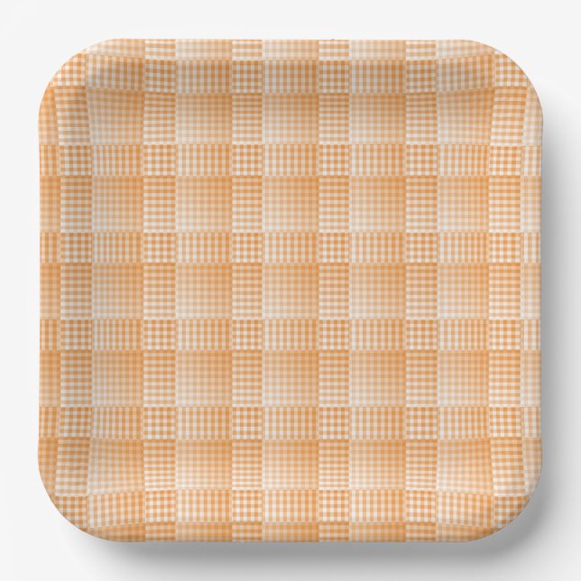 Assiettes En Carton Modèle Abstrait Damier Orange Blanc (Recto)