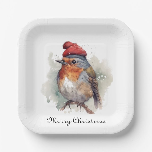 Assiettes En Carton Modèle aquarelle Robin d'hiver chapeau rouge (Recto)