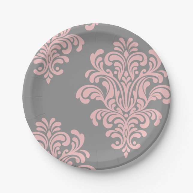 Assiettes En Carton Modèle Damas rose et gris (Devant)