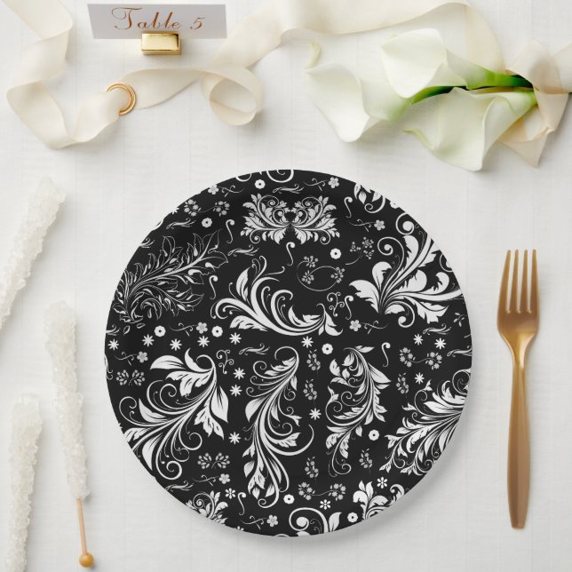 Assiettes En Carton Modèle Damask, Damask français, noir et blanc (Mariage)