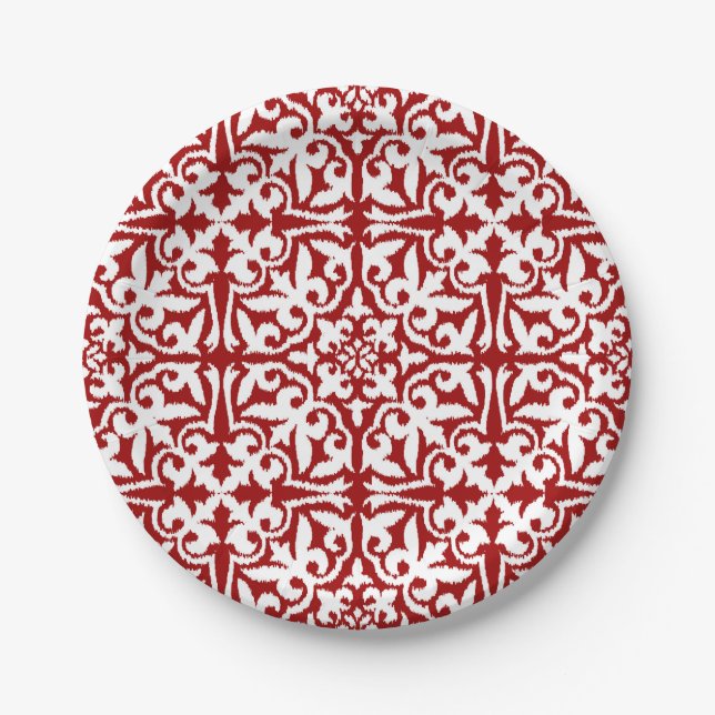 Assiettes En Carton Modèle damassé Ikat - Rouge foncé et blanc (Devant)