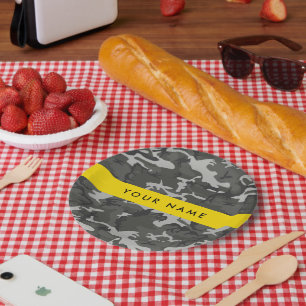 Assiettes En Carton Modèle de camouflage gris, Votre nom, Personnalise