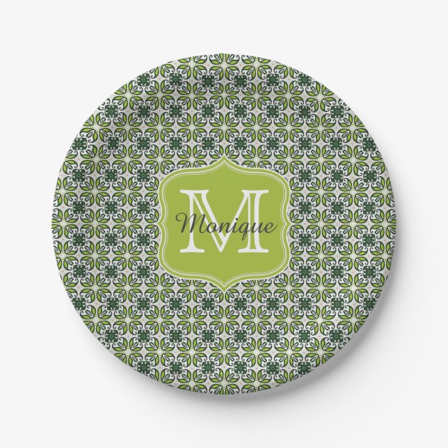 Assiettes En Carton Modèle de fleurs vertes monogramme (Devant)