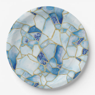 Assiettes En Carton Modèle de mosaïque de verre de mer aquarelle bleu 