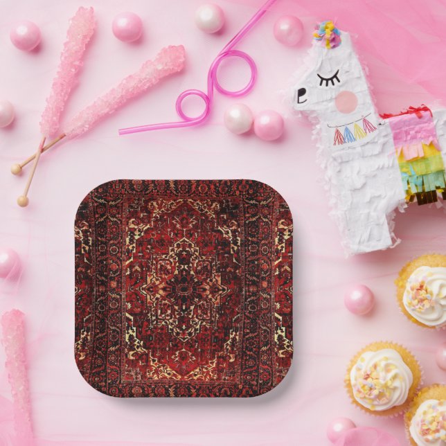 Assiettes En Carton Modèle de tapis oriental en rouge foncé (Fête)