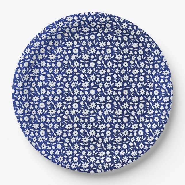 Assiettes En Carton Modèle floral bleu marine et blanc (Devant)