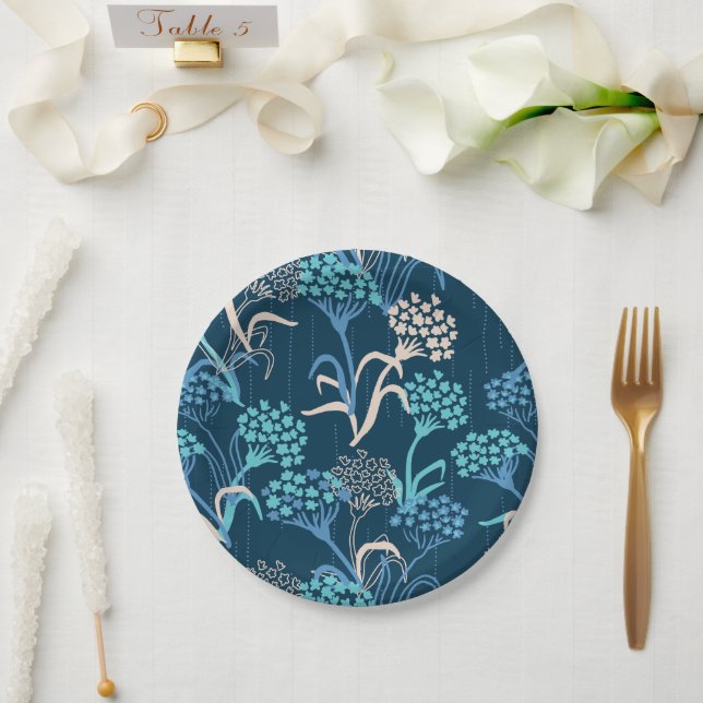 Assiettes En Carton Modèle Floral Hydrangea stylisé - Bleu élégant (Mariage)