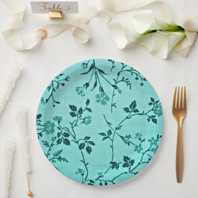 Assiettes En Carton Modèle floral turquoise (Mariage)