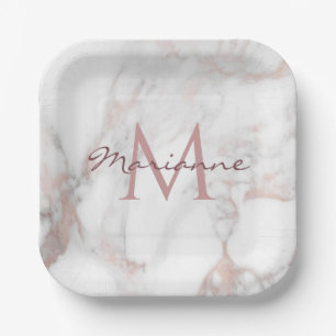 Assiettes En Carton Modèle Monogrammé Marbre Or Rose Tendance